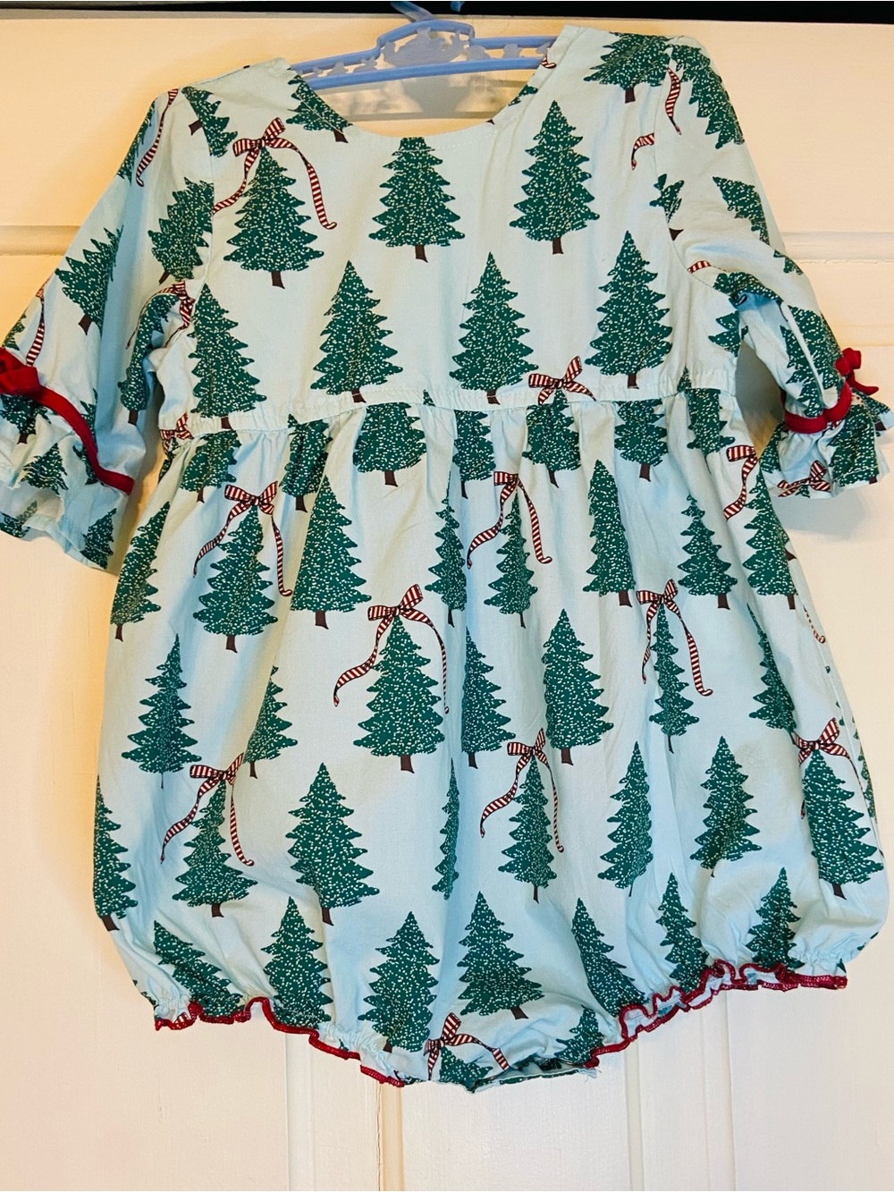 Pink Chicken Girls Holiday Tree Bubble Romper - Green/Red